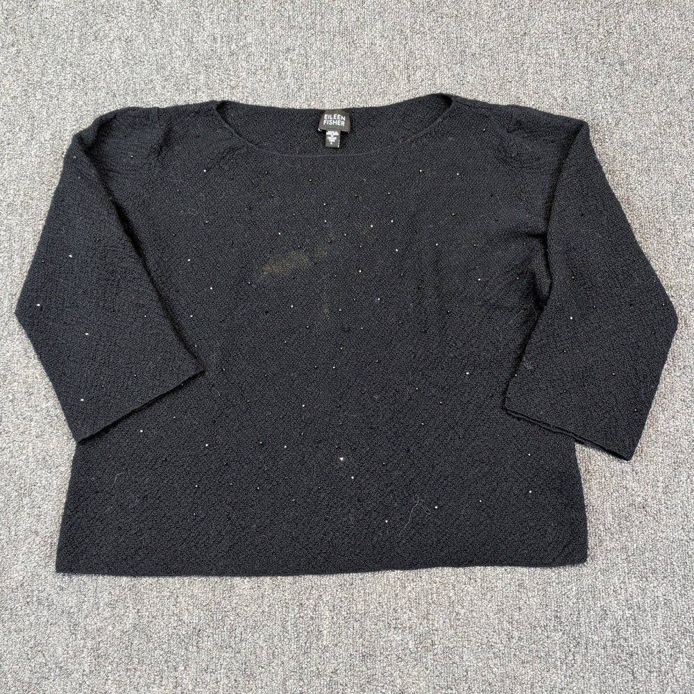 Eileen Fisher Minimalist Beaded Sweater L Black Merino Wool Evening Boat Neck